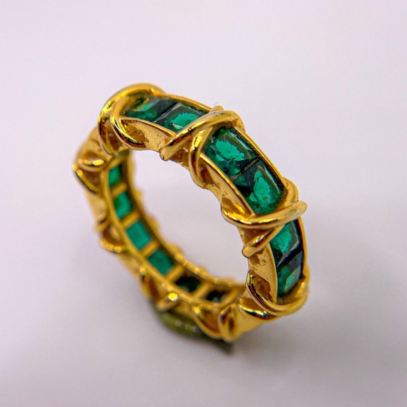 Gold Tone Band Ring with Green Tone Square Cut Stones - Picture 4 of 6